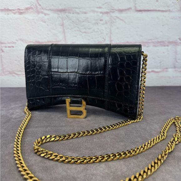 Balenciaga Hourglass Black Croc-Embossed Wallet on Chain Bag - Picture 3 of 16